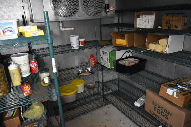 ALL ONE MONEY! Lot of Green Wire Shelving Units. Does Not Include Contents. BUYER MUST REMOVE: BUYER MUST DISMANTLE. PCI CANNOT DISMANTLE FOR SHIPPING. PLEASE CONSIDER FREIGHT CHARGES. (kitchen) - Image 1 of 9
