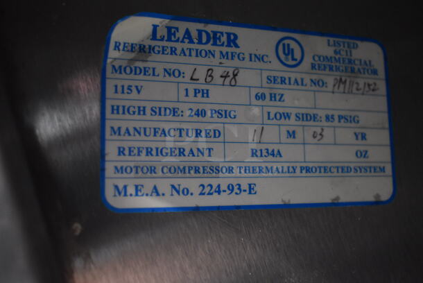 Leader LB48 Stainless Steel Commercial 2 Door Undercounter Cooler on Commercial Casters. 115 Volts, 1 Phase. Tested And Powers On But Does Not Get Cold - Image 7 of 8