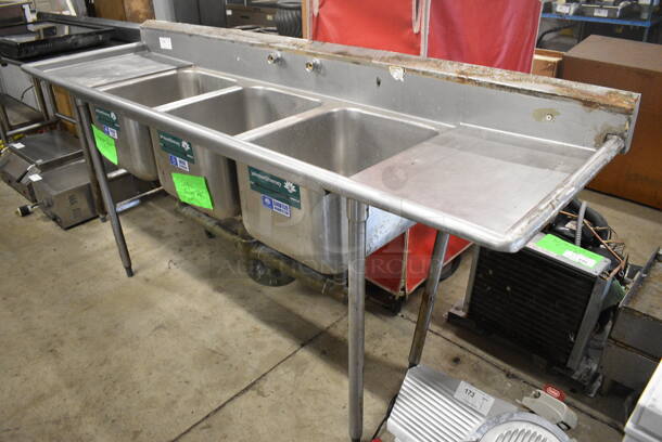 Stainless Steel Commercial 3 Bay Sink w/ Dual Drainboards, Faucet and Handles. 90.5x27x43. Bays 16x21x12. Drainboards 16x23x2 - Image 5 of 5
