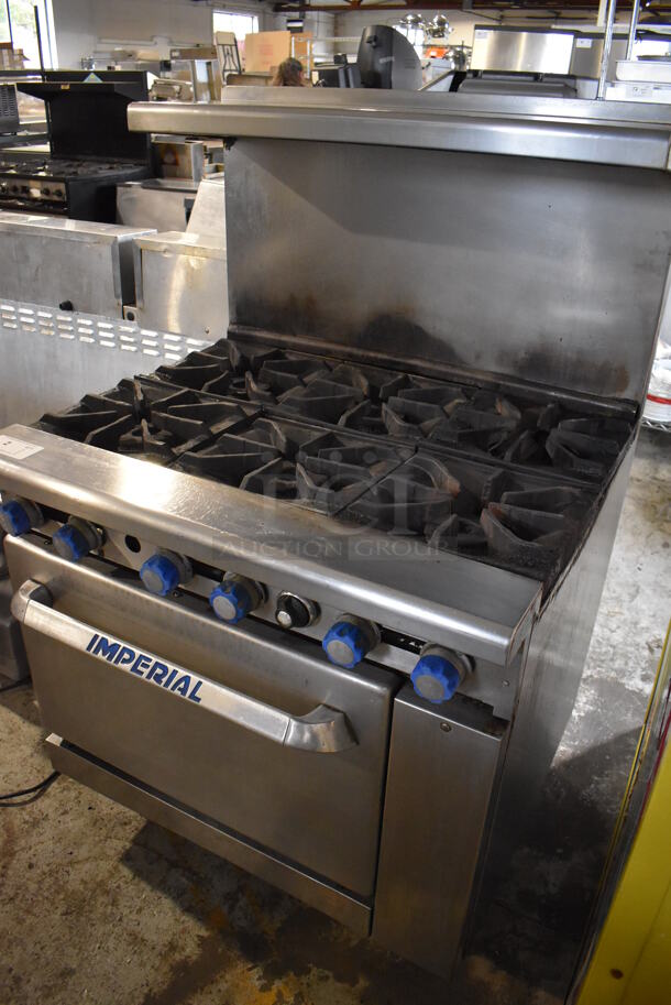 Imperial Stainless Steel Commercial Natural Gas Powered 6 Burner Range w/ Convection Oven, Over Shelf and Back Splash on Commercial Casters. 36x33x57 - Image 6 of 6