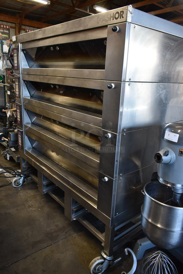 4 3013 CINCI ELECTRODECK 140/80 Stainless Steel Commercial Electric Powered Bakery Pizza Ovens on Pan Rack w/ Cooking Stones and Commercial Casters. 208 Volts, 3 Phase. 4 Times Your Bid!