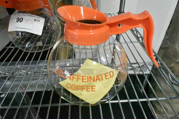 4 BRAND NEW SCRATCH AND DENT! Curtis 70280200403 Glass Decaf Coffee Decanter with Orange Text, Orange Imprint, and Decaf Only Logo. 4 Times Your Bid!  - Image 3 of 4