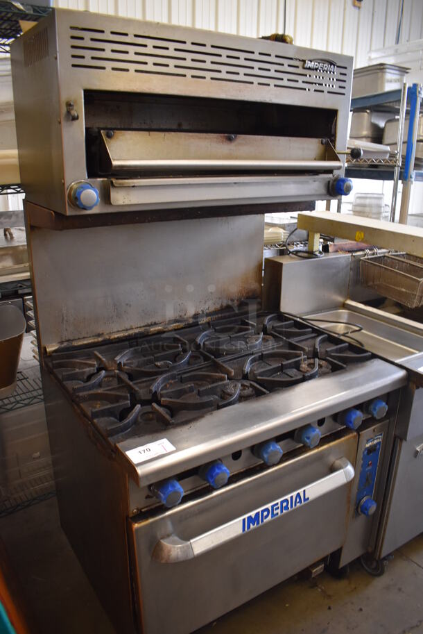 Imperial Stainless Steel Commercial Natural Gas Powered 6 Burner Range w/ Salamander Cheese Melter, Convection Oven and Back Splash on Commercial Casters. 36x33x73 - Image 3 of 8
