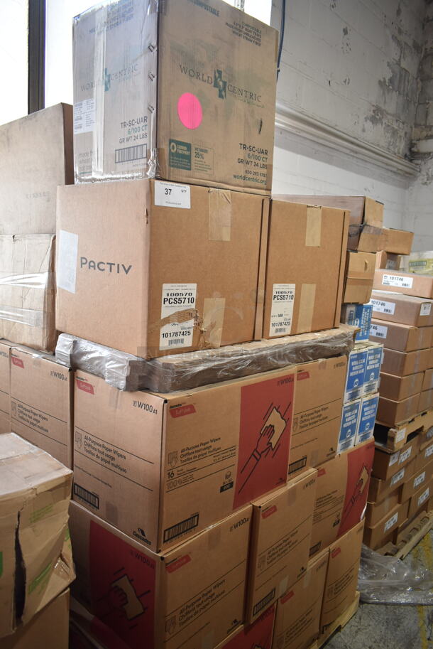 PALLET LOT of 36 BRAND NEW Boxes Including 16 Tuff Job All Purpose Paper Wipers, 2 Pactiv PCS5710 Pressware Classic Stoneware, 5 Royal RP145WB Wood Steak Markers, 6 Servrite 2576 Napkin Dispensers, WNA CW75180BK Classicware Plates, 24013K Kraft Champion Trays, World Centric TR-SC-UAR 6.5x5 Boat Trays, M Tucker Avacado Lime Vinaigrette White Kraft 10x7x12 Bags. 36 Times Your Bid!  - Image 1 of 12
