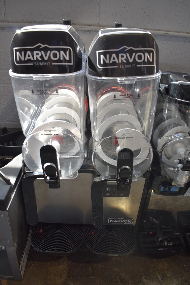 BRAND NEW! Narvon Model NSSM2 Stainless Steel Commercial Countertop 2 Hopper Slushie Machine w/ Drip Trays. 115 Volts, 1 Phase. 15x20x35. Tested and Working!