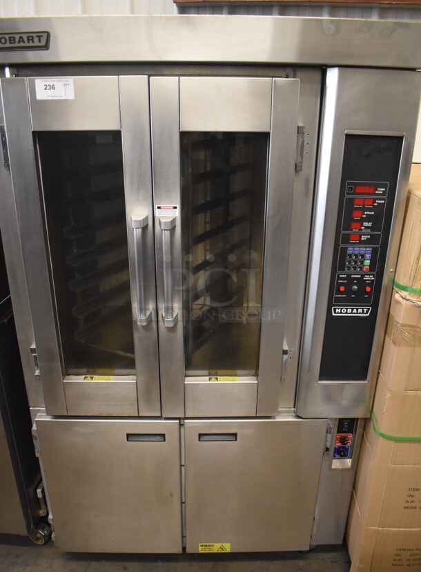 Hobart HO300E Stainless Steel Commercial Floor Style Electric Powered Mini Rotating Rack Oven on HPC800 2 Door Proofer w/ Commercial Casters. 208 Volts, 3 Phase. 48x37x81