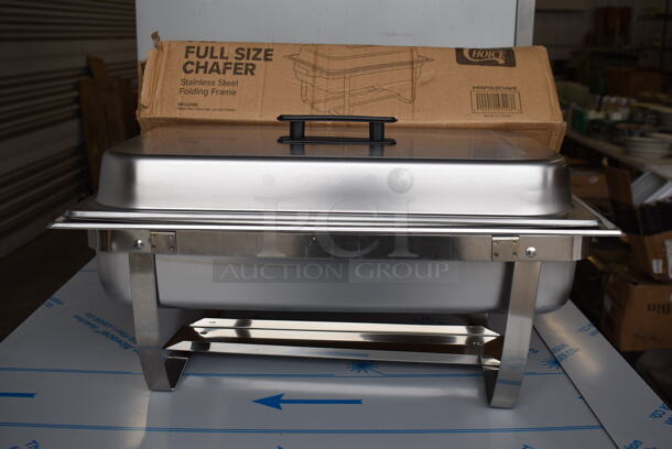 7 BRAND NEW IN BOX! Choice Aluminum 8 Quart Full Size Chafing Dish w/ Drop In and Lid. 23x14.5x12. 7 Times Your Bid!