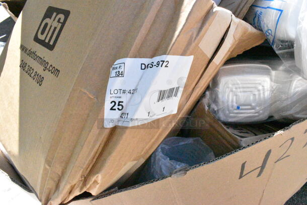 15 BRAND NEW Boxes Including 50HT1 White Foam Hinged Lid Container, 485WJ7BK Jumbo Black Wrapped Straw, 127RD16BULK Choice 16 oz. Customizable Microwavable Translucent Round Deli Container - 500/Case, 795200CSTN1M Carnival King #200 2 lb. Cornerstone Paper Food Tray. 15 Times Your Bid! - Image 6 of 12