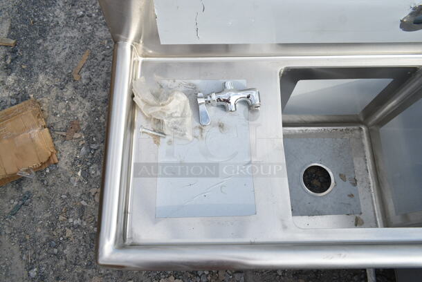 BRAND NEW SCRATCH AND DENT! Regency 600S3141414C Stainless Steel 44 1/2" 16 Gauge Stainless Steel Three Compartment Commercial Corner Sink with Two Drainboards - 14" x 14" x 14" Bowls. No Legs.  - Image 6 of 8