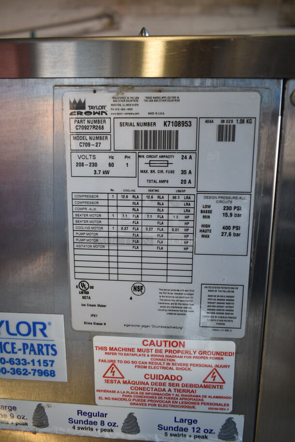 Taylor C709-27 Stainless Steel Commercial Floor Style Water Cooled Single Flavor Soft Serve Ice Cream Machine on Commercial Casters. 208-230 Volts, 1 Phase. - Image 9 of 9