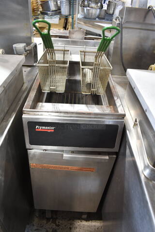 Frymaster GF14SX Stainless Steel Commercial Floor Style Propane Gas Powered Deep Fat Fryer w/ 2 Metal Fry Baskets on Commercial Casters. 100,000 BTU. 