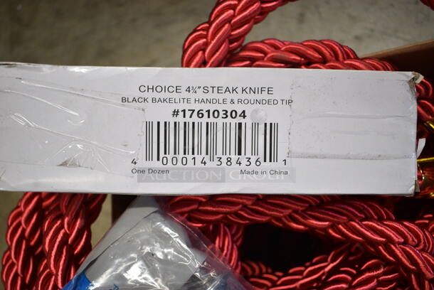 3 BRAND NEW SCRATCH AND DENT! Various Items Including 176POURTFC Acopa Stainless Steel Tapered Liquor Pourer with Flip Cap - 12/Pack, 17610304 Choice 4 3/4" Jumbo Stainless Steel Steak Knife with Black Bakelite Riveted Handle - 12/Case, Red Stanchion Rope. 3 Times Your Bid!  - Image 3 of 7