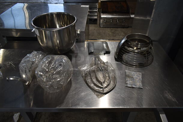 ALL ONE MONEY! Lot of BRAND NEW! Mixer Items; Stainless Steel Mixing Bowl, Bowl Guard, Paddle, Whisk and Dough Hook Attachment. - Image 1 of 6
