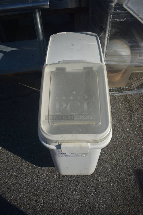 White Plastic Garbage Bin With Clear Lid On Commercial Casters. - Image 1 of 6