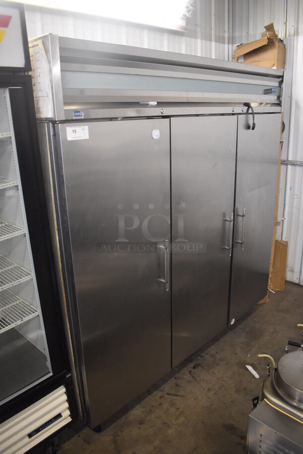 Delfield Stainless Steel Commercial 3 Door Reach In Cooler w/ Poly Coated Racks on Commercial Casters. 77x34x80. Tested and Working! - Image 9 of 9