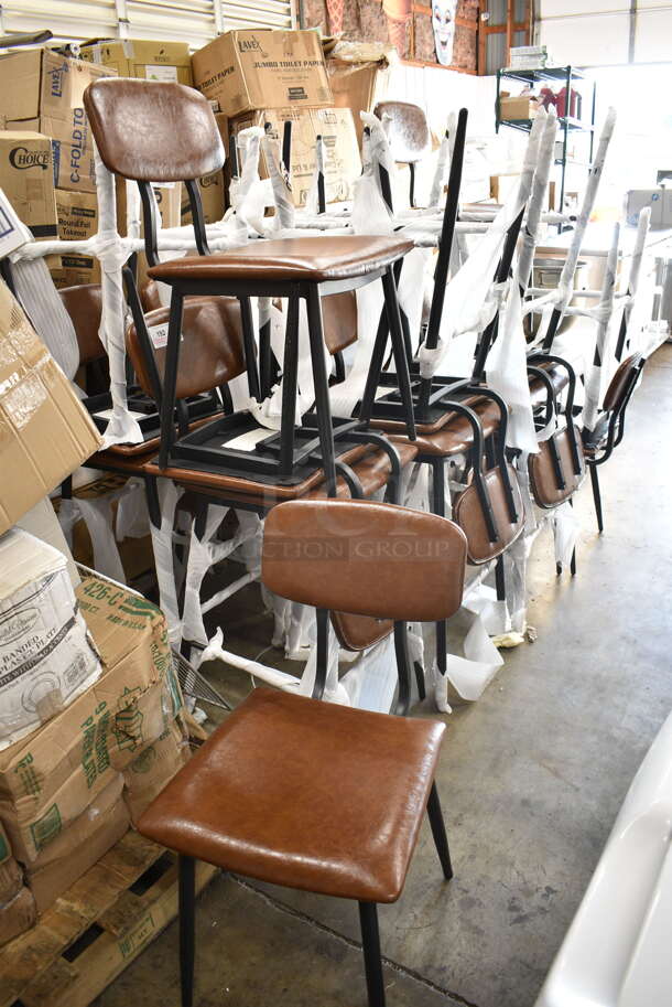 19 BRAND NEW SCRATCH AND DENT! Lancaster Table & Seating Mid-Century Black Chair with Cognac Vinyl Padded Seat and Backrest; 6 164CMCMCCCB Dining Height and 13 164MCMCGRST Bar Height. 19 Times Your Bid!  - Image 2 of 6