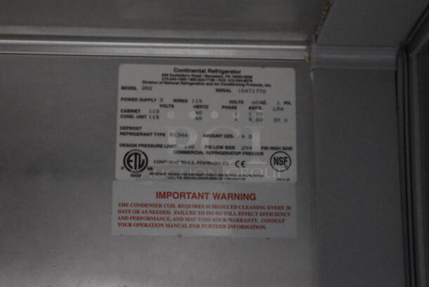 Continental 2RE Stainless Steel Commercial 2 Door Reach In Cooler on Commercial Casters. 115 Volts, 1 Phase. 54x36x82. Tested and Powers On But Does Not Get Cold - Image 6 of 7