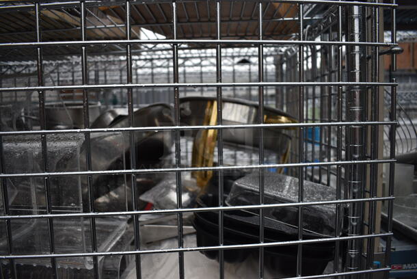 ALL ONE MONEY! Lot of Chrome Finish 3 Tier Shelving Unit on Commercial Casters w/ Liquor Cage and All Contents Including Wooden Box, Chafing Dish, Fake Plant. BUYER MUST DISMANTLE. PCI CANNOT DISMANTLE FOR SHIPPING. PLEASE CONSIDER FREIGHT CHARGES. 50x25x68 - Image 7 of 10