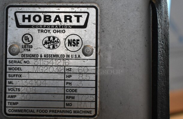 2017 Hobart MG2032 Metal Commercial Floor Style Electric Powered Meat Mixer Grinder w/ Foot Pedal on Commercial Casters. 208 Volts, 3 Phase. - Image 6 of 7
