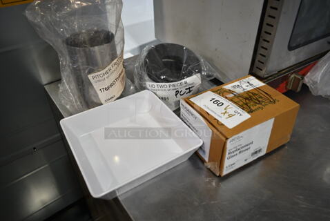 4 BRAND NEW SCRATCH AND DENT! Items Including 600BDTR Regency Spray Assembly for Select Regency Beer Drip Trays, American Metalcraft MELSQ8 Endurance 36 oz. Square Shallow Melamine Serving Bowl, 9651191 Vitamix 1191 2-Piece Lid for Vitamix 64 oz. Standard Blender Containers, 176FROTHP50 Choice 50 oz. Polished Stainless Steel Frothing Pitcher. 4 Times Your Bid! 