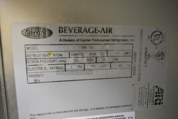 Beverage Air ER48-1AS Stainless Steel Commercial 2 Door Reach In Cooler w/ Poly Coated Racks on Commercial Casters. 115 Volts, 1 Phase. This Unit Was In Working Condition When the Restaurant Closed. (kitchen) - Image 3 of 7