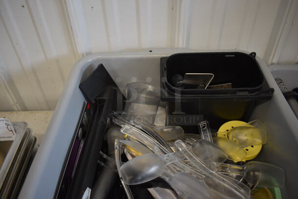 ALL ONE MONEY! Lot of Various Utensils Including Measuring Cups and Spoons in Gray Poly Bus Bin - Image 2 of 5
