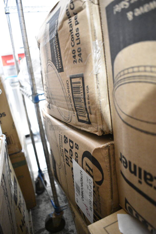 PALLET LOT of 31 BRAND NEW Boxes Including 3 Box 128HD8COMBO ChoiceHD 8 oz. Microwavable Translucent Plastic Deli Container and Lid Combo Pack - 240/Case, 129MCR50B Choice 43 oz. Black Round Microwavable Heavy Weight Container with Lid 9" - 150/Case, Oxygen Absorber, 2 Box 760IC16WPA Choice 1 Pint White Paper Double-Wall Frozen Yogurt / Food Cup with Paper Lid - 250/Case, L5638 Chef & Sommelier L5638 Sequence 19.5 oz. Universal Wine Glass by Arc Cardinal - 12/Case, Take Out Containers, 395TO991 EcoChoice 9" x 9" x 3" Compostable Sugarcane / Bagasse 1 Compartment Take-Out Box - 200/Case, 130WHFKSX500 Choice White Extra Heavy Weight Wrapped Plastic Cutlery Pack - 500/Case. 31 Times Your Bid!  - Image 3 of 12