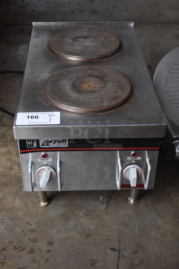APW Wyott Stainless Steel Commercial Countertop Electric Powered 2 Burner Hot Plate Range. 208 Volts, 1 Phase. 14x24x14