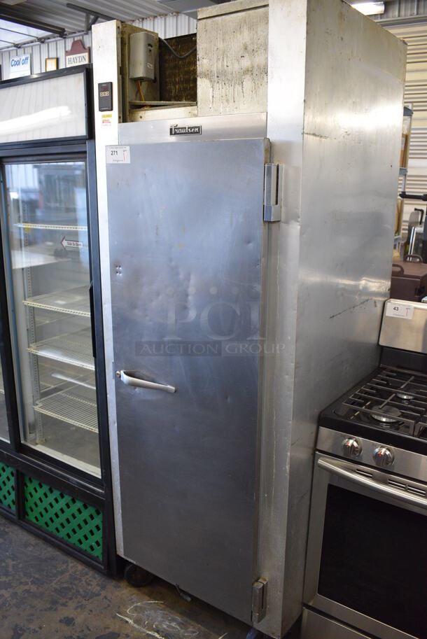Traulsen Model G10010 Stainless Steel Commercial Single Door Reach In Cooler w/ Metal Pan Rack and 4 Metal Full Size Baking Pans on Commercial Casters. 115 Volts, 1 Phase. 30x34x83. Tested and Working!