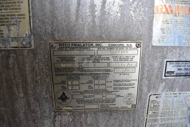 Pitco Frialator Model F14S-V Stainless Steel Commercial Floor Style Propane Gas 2 Bay Fryer w/ Center Dumping Station on Commercial Casters. 110,000 BTU. 49x32x54 - Image 8 of 10