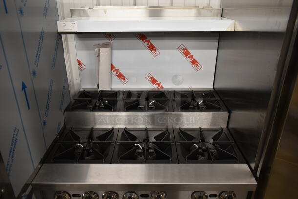 BRAND NEW SCRATCH AND DENT! Cooking Performance Group CPG 351S36SUL Stainless Steel Commercial Propane Gas Powered 2 Tier 6 Burner Range w/ Oven, Back Splash and Over Shelf. 210,000 BTU. - Image 2 of 7