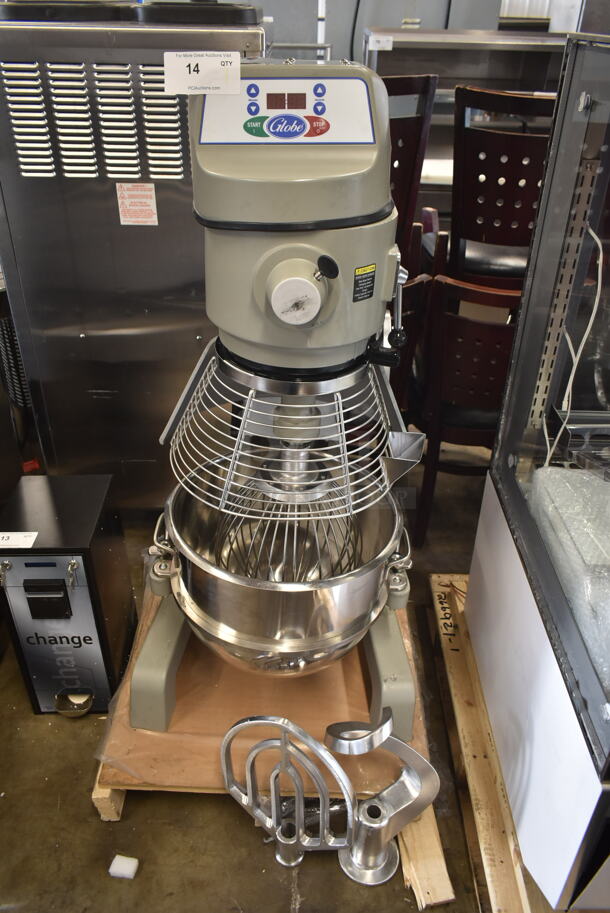 BRAND NEW SCRATCH AND DENT! 2023 Globe SP40 Metal Commercial Floor Style 40 Quart Planetary Dough Mixer w/ Stainless Steel Mixing Bowl, Bowl Guard, Dough Hook, Paddle and Whisk Attachments. 220 Volts, 1 Phase.  - Image 2 of 10