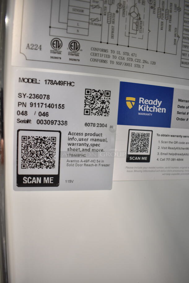 BRAND NEW SCRATCH AND DENT! 2023 Avantco 178A49FHC Stainless Steel Commercial 2 Door Reach In Freezer w/ Poly Coated Racks on Commercial Casters. 115 Volts, 1 Phase. Tested and Does Not Power On - Image 10 of 10