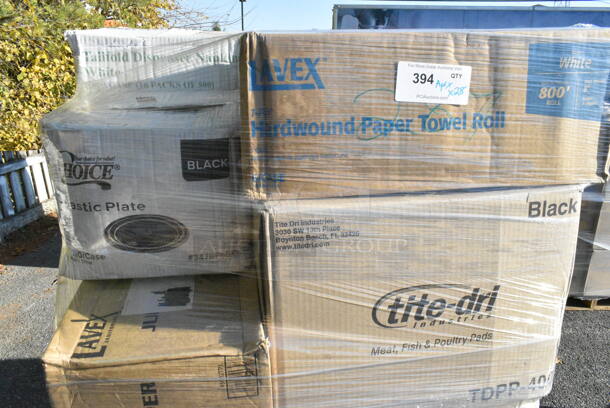28 BRAND NEW! Boxes Including Lavex Towel Rolls, Tite Dri TDPP-400 Meat Pads, Choice 130BKFKSNSPH Heavy Weight Cutlery Packs, 395RP09 Compostable Plates - 9", Clear Dome Covers, CHoice Plastic Plates. 28 Times Your Bid!  - Image 12 of 12