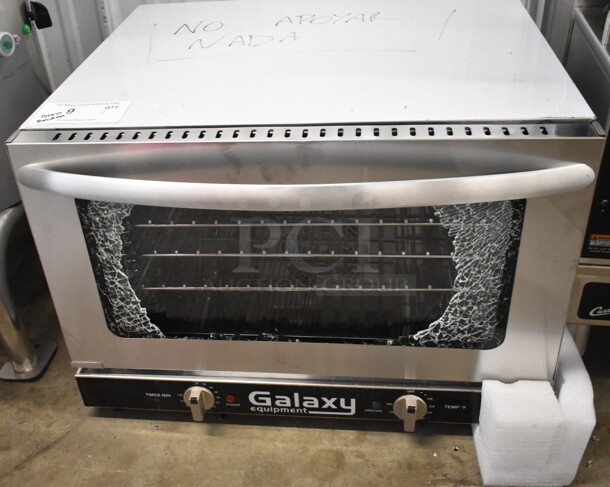 BRAND NEW SCRATCH AND DENT! Galaxy 177COE3H Stainless Steel Commercial Countertop Electric Powered Half Size Convection Oven. See Pictures For Broken Glass on Door. 120 Volts, 1 Phase. Tested and Working! - Image 1 of 6