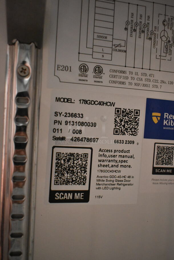 BRAND NEW SCRATCH AND DENT! 2023 Avantco 178GDC40HCW Metal Commercial 48" White Swing Glass Door Merchandiser Refrigerator with LED Lighting and Poly Coated Racks. 115 Volts, 1 Phase. Tested and Working! - Image 6 of 6