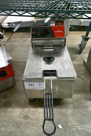 	BRAND NEW SCRATCH AND DENT! 2024 Crosson CF-26 Stainless Steel Commercial Countertop Electric Powered Single Bay Fryer w/ Metal Fry Basket and Lid. 120 Volts, 1 Phase.