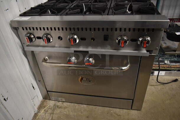 BRAND NEW SCRATCH AND DENT! Cooking Performance Group CPG 351C36N Stainless Steel Commercial Natural Gas 6 Burner Range w/ Convection Oven and Back Splash. 212,000 BTU.  - Image 4 of 6