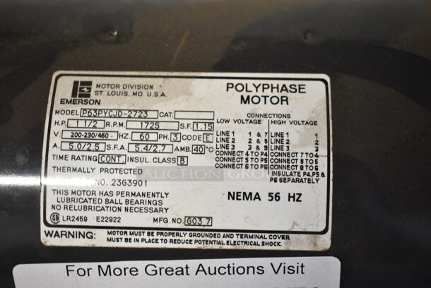 Emerson P63PYCJD-2723 Motor. 200/230-460 Volts, 3 Phase.  - Image 4 of 4