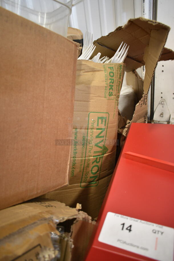 PALLET LOT of 19 BRAND NEW Boxes Including 130GH Spoons, 999RP10CL Choice Crystal 10" Clear Plastic Plate - 20/Pack, SBTGRL Dart TamperGuard Recessed Lid for Tamper-Resistant, Tamper-Evident Containers - 300/Case, 8 oz Flower Sno Cone Cups, 5001RT600B Lavex White Hardwound Paper Towel, 600 Feet / Roll - 12/Case, Environ Forks, Fineline 17CKFSKPPS Wrapped Cutlery Kit. 19 Times Your Bid! - Image 10 of 12