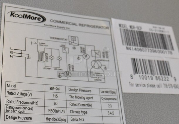 BRAND NEW SCRATCH AND DENT! KoolMore Model MDR-9CP Metal Commercial Single Door Reach In Cooler Merchandiser w/ Poly Coated Racks. 115 Volts, 1 Phase. 21x21x69. Tested and Working! - Image 7 of 8