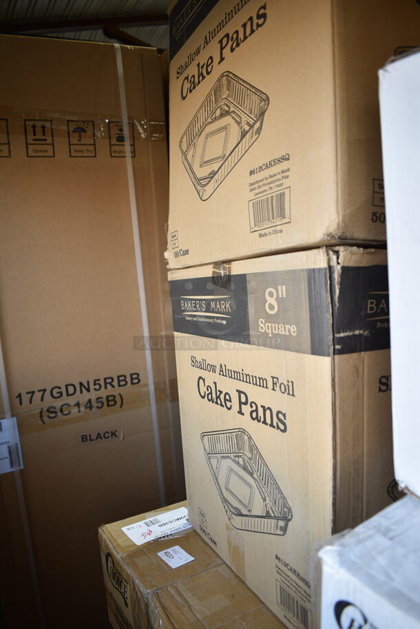 PALLET LOT of 35 BRAND NEW Boxes Including 6 Box 612W65 Choice Insulated Foil Sandwich Wrap Sheets 14" x 16" - 1000/Case, 2 Box 129MCS38B Choice 38 oz. Black Rectangular Microwavable Heavy Weight Container with Lid 8 3/4" x 6 1/4" x 2" - 150/Case, 2 Box 612CAKE8SQ Baker's Lane 8" Square Foil Cake Pan - 500/Case, 2 Box 407WRCB1812 Choice 18" x 12" x 1 3/4" Wood Cutting Board with Rounded Edges, 2 Box EcoStrong Plus PCRL3339XHK 33 Gallon 1 Mil 33" x 39" Linear Low Density Medium-Duty Black Can Liner / Trash Bag - 150/Case, 4 Box 130WFORKWP Choice Individually Wrapped Medium Weight White Plastic Fork - 1000/Case, 130HBKCUTFW Visions Individually Wrapped Black Heavy Weight Plastic Fork - 1000/Case, 548252113 Amefa 252000B000113 Royal 8 13/16" High Carbon Stainless Steel Serrated Edge Steak Knife with Pakkawood Handle - 6/Case, 5013858HVY Lavex Hercules 55 Gallon Black Can Liner, Dart SafeSeal 8 oz. Plastic Tamper-Resistant, Tamper-Evident Bowl with Dome Lid - 240/Case, 124BA1040S American Metalcraft BA1040S 10 1/4" Round Stainless Steel Basting Cover, 831741 Cinnamon Buns Clam Containers, 795PTOWHT4 Choice White Microwavable Folded Paper #4 Take-Out Container 7 3/4" x 5 1/2" x 3 1/2" - 160/Case, 130BKFSNSPH Visions Heavy Weight Black Wrapped Plastic Cutlery Pack with Napkin and Salt and Pepper Packets - 500/Case. 35 Times Your Bid! - Image 4 of 12