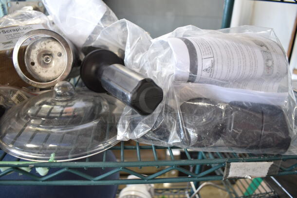 ALL ONE MONEY! Three Tier Lot of Various Items Including Blue Poly Bins, Seat Cushion, Metal Convection Oven Legs, Sink Pieces, Glass Dome Lid, 600IB2124LID Regency Stainless Steel Sliding Lid for 21" x 24" Underbar Ice Bin, Acopa Platters.  - Image 4 of 12