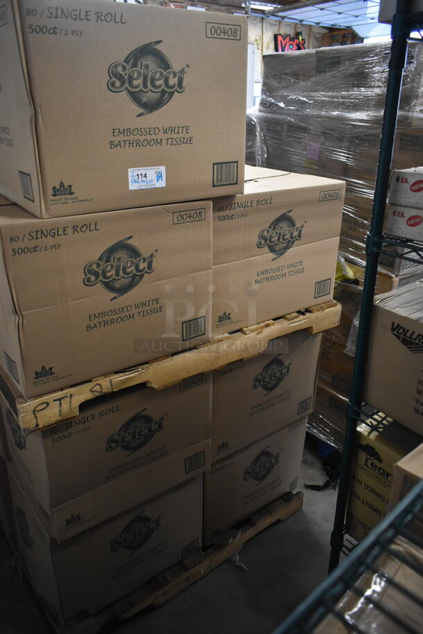 TWO PALLET LOT of 14 BRAND NEW! Boxes of Select 00408 Single Roll Embossed White Bathroom Tissue. 14 Times Your Bid! 