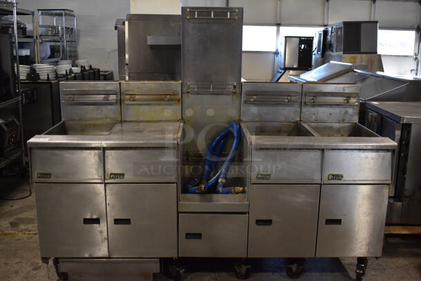 Pitco Frialator SGH50 Stainless Steel Commercial Natural Gas Powered 4 Bay Deep Fat Fryer w/ Pitco Frialator SGBNBH50 Basket Hanging Station on Commercial Casters. 80,000 BTU. 79x33x66