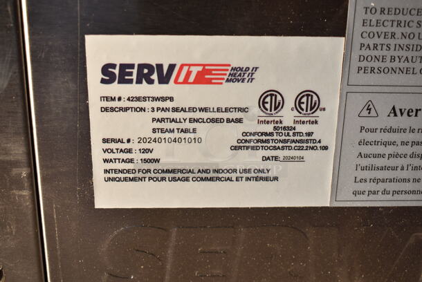 BRAND NEW SCRATCH AND DENT! 2024 ServIt 423EST3WSPB Stainless Steel Commercial Electric Powered 3 Bay Steam Table w/ Under Shelf. 120 Volts, 1 Phase. Tested and Working! - Image 8 of 8
