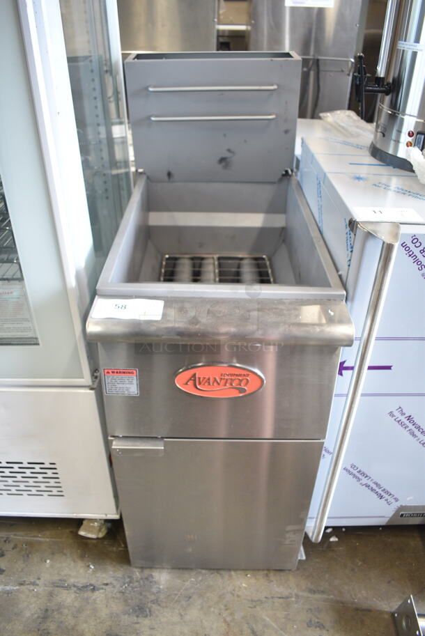 BRAND NEW SCRATCH AND DENT! 2023 Avantco 177FF40N Stainless Steel Commercial Floor Style Natural Gas 40 lb. Stainless Steel Floor Fryer with Casters and Legs. 90,000 BTU.  - Image 5 of 7