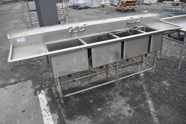 Stainless Steel Commercial 4 Bay Sink w/ Dual Drain Boards, Faucet, 2 Handle Sets and Spray Nozzle Attachment. 114x27x44. Bays 20x18x14, 10x18x14. Drain Boards 16x21x1 - Image 2 of 10
