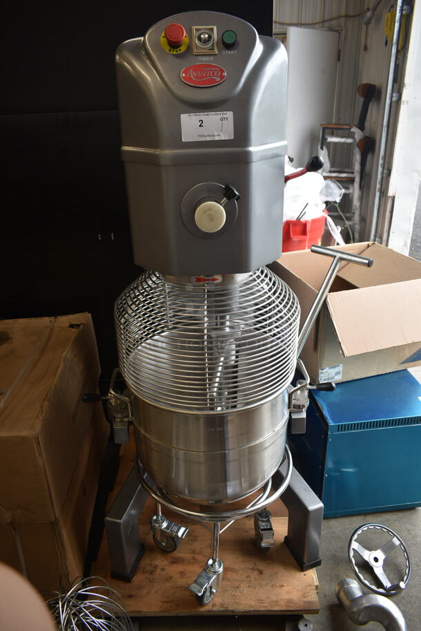 BRAND NEW SCRATCH AND DENT! Avantco 177MX60 Metal Commercial Floor Style 60 Quart Planetary Dough Mixer w/ Stainless Steel Mixing Bowl, Bowl Guard, Extra Bowl Support Piece, Dolly, Dough Hook, Paddle and Whisk Attachments. 240 Volts, 3 Phase. Tested and Working! - Image 2 of 12