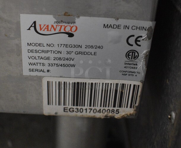 Avantco Model 177EG30N Stainless Steel Commercial Countertop Electric Powered Flat Top Griddle. 208/240 Volts. 30x21x14 - Image 7 of 7